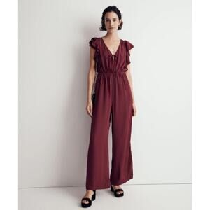 MADEWELL | Burgundy Jacquard Deep-V Ruffled Jumpsuit | Large